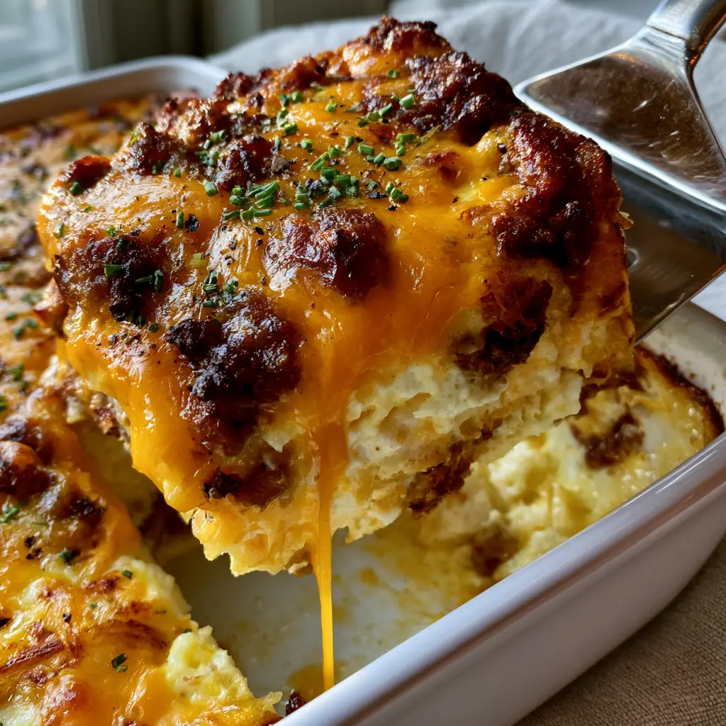Sausage Egg and Cream Cheese Hashbrown Casserole 2 A close-up handheld smartphone photo of Sausage Egg and Cream Cheese Hashbrown Casserole in a white dish, garnished with chives and black pepper.