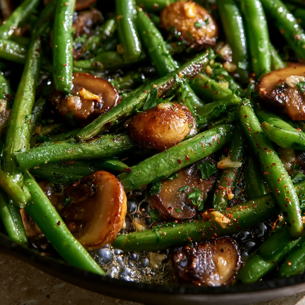 Green Beans with Mushrooms: The Ultimate Garlic Butter Side Dish 1 Close-up of golden brown cremini mushrooms and green beans with visible toasted garlic bits and chili flakes. (Green Beans with Mushrooms)