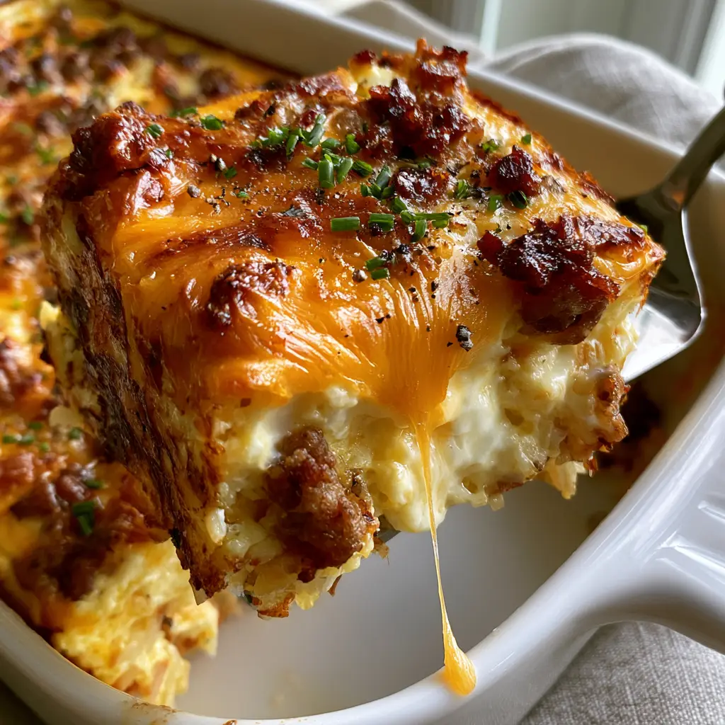 Sausage Egg and Cream Cheese Hashbrown Casserole 1 A cross-section of Sausage Egg and Cream Cheese Hashbrown Casserole showing layers of shredded hashbrowns and melted cream cheese.