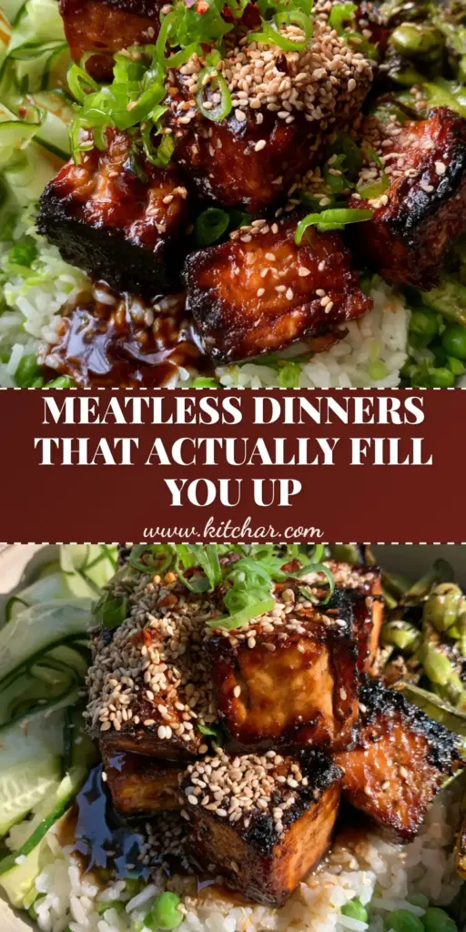A gourmet high-protein vegetarian power bowl with crispy mahogany glazed tofu and blistered edamame. (meatless dinner recipes)