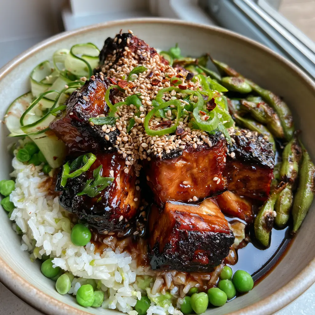 A close up shot showing the thick honey-soy glaze and ribboned Persian cucumbers.