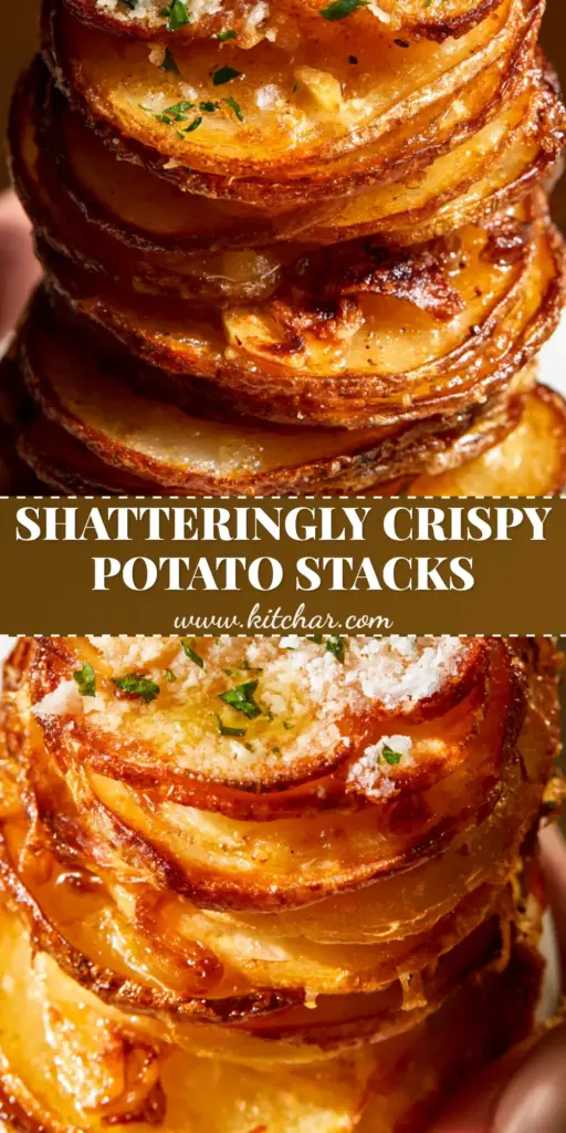 Potato Stacks with Crispy Parmesan and Roasted Garlic Butter 4 A vertical macro shot of a tall stack of paper-thin sliced Yukon Gold potato stacks with dark golden crispy edges and snowy parmesan cheese.