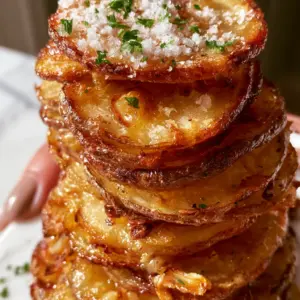 Close up of individual potato stacks in a muffin tin showing translucent crispy edges and melted garlic butter.