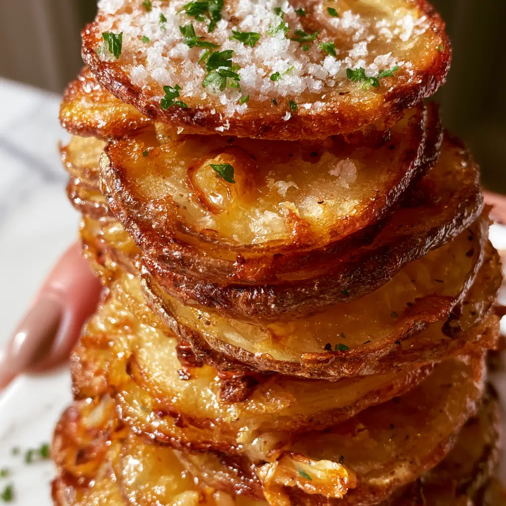 Potato Stacks with Crispy Parmesan and Roasted Garlic Butter 2 Close up of individual potato stacks in a muffin tin showing translucent crispy edges and melted garlic butter.