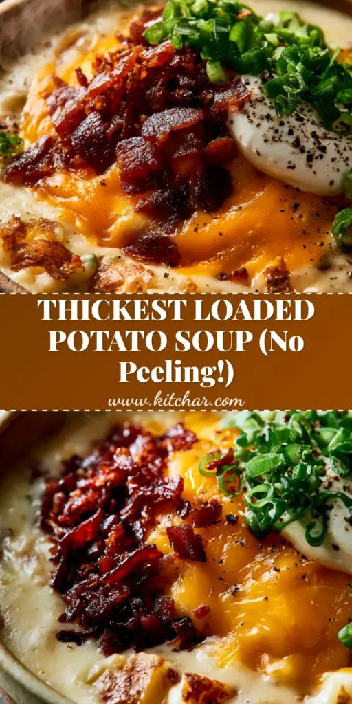 Loaded Potato Soup: The Creamiest, Most Velvet-Smooth Recipe 4 A tall, vertical Pinterest pin showing a rustic bowl of loaded potato soup topped with a massive mound of cheddar cheese and crispy bacon.