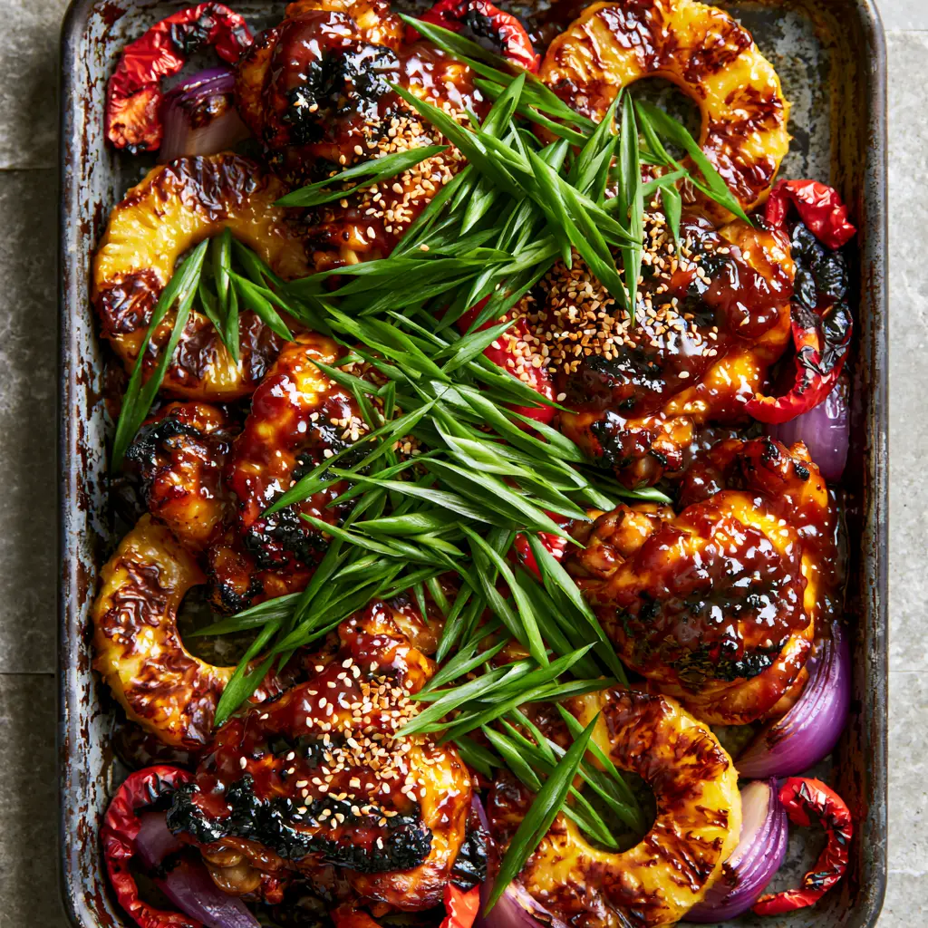 Close up of Huli Huli Chicken topped with bright green scallions and toasted sesame seeds next to caramelized onion petals.