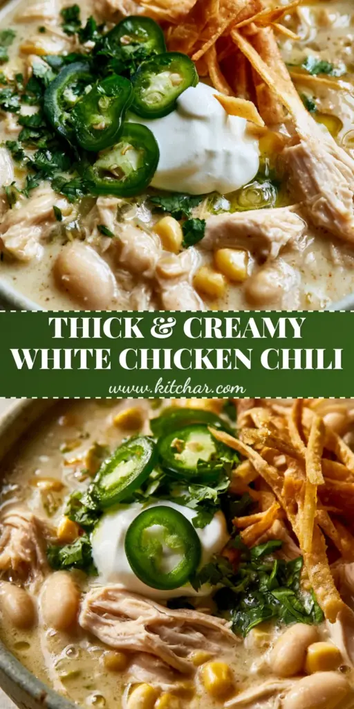 A top-down view of white chicken chili in a stoneware bowl with a dollop of sour cream, fresh jalapenos, and crispy tortilla strips.