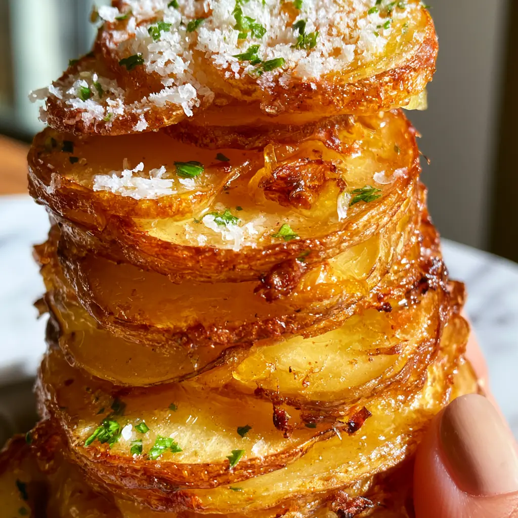 Potato Stacks with Crispy Parmesan and Roasted Garlic Butter 1 A stack of paper-thin potatoes held by a hand, showing the many buttery layers and parmesan dusting.