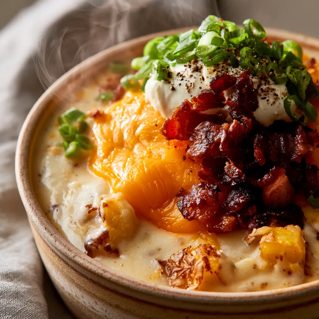 Loaded Potato Soup: The Creamiest, Most Velvet-Smooth Recipe 2 Extreme close-up handheld smartphone photo of ultra-thick ivory loaded potato soup with visible golden potato skins and cracked black pepper.