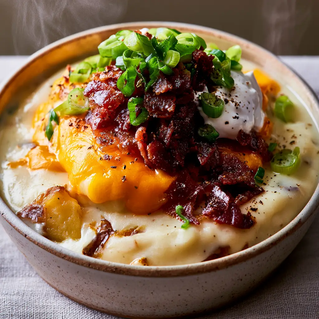 Loaded Potato Soup: The Creamiest, Most Velvet-Smooth Recipe 1 A rustic ceramic bowl of loaded potato soup topped with a dollop of sour cream, glistening bacon, and sliced green onions.