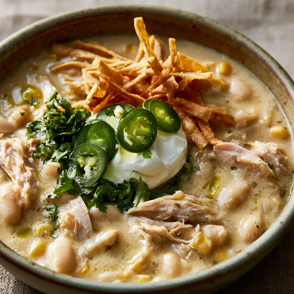Detailed shot of white chicken chili topped with a thick dollop of sour cream, bright green jalapenos, and golden tortilla strips.