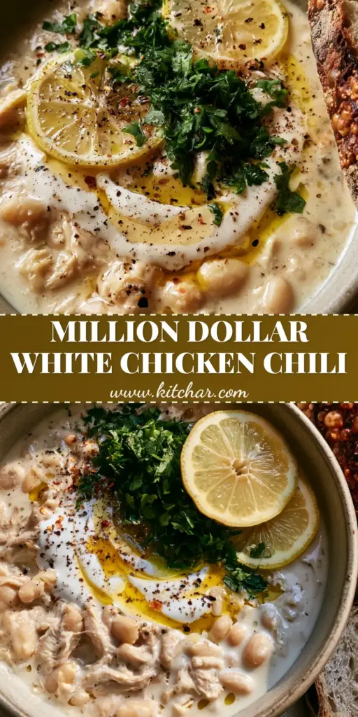 Mediterranean White Chicken Chili: A Creamy Dairy-Free Masterpiece 3 A tall Pinterest-style image showing a rustic bowl of Mediterranean White Chicken Chili with a coconut cream swirl, lemon slices, and sourdough bread on the side.