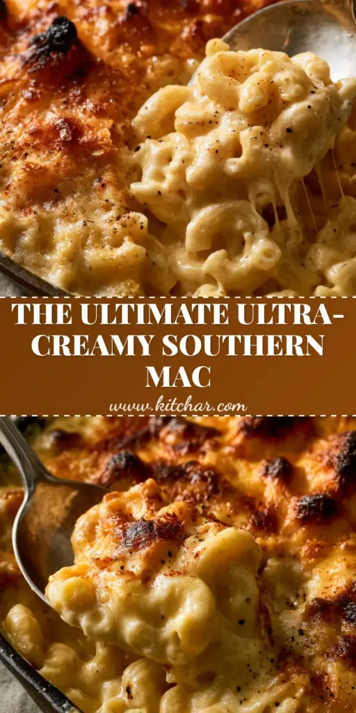 A bubbling vintage cast iron skillet filled with Southern Mac and Cheese featuring a golden mozzarella crust and a silver spoon lifting a creamy portion.