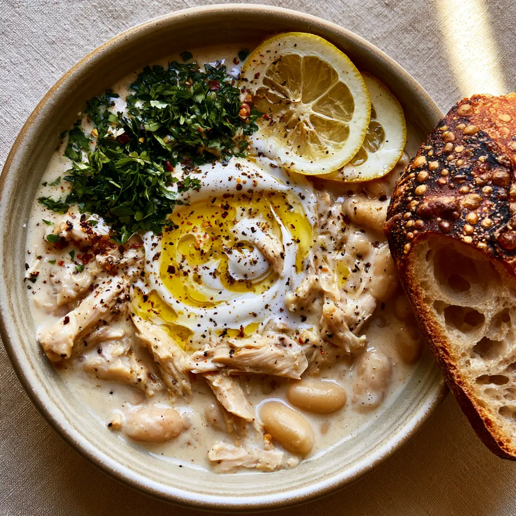 Mediterranean White Chicken Chili: A Creamy Dairy-Free Masterpiece 2 Close up of a ceramic bowl filled with creamy Mediterranean White Chicken Chili, garnished with cilantro, red pepper flakes, and lemon.