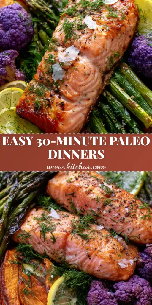 Quick Paleo Dinner Recipes: Sheet Pan Crispy Salmon with Roasted Purple Cauliflower 4 A top-down macro shot of a vibrant Paleo sheet pan meal featuring seared salmon, purple cauliflower, and charred asparagus. (Quick paleo dinner recipes)