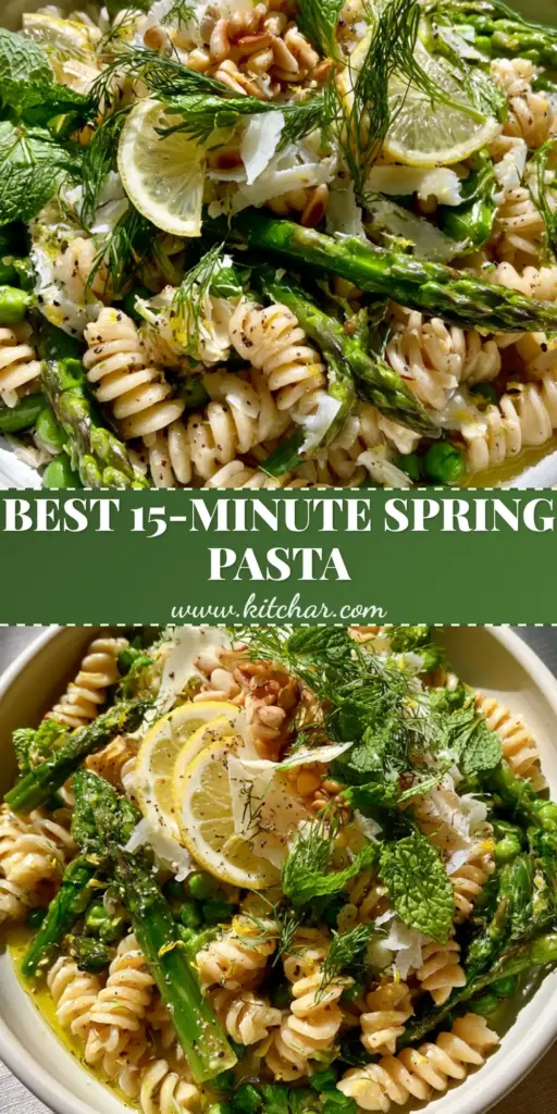 Spring Pasta Salad with Lemon Herb Vinaigrette and Asparagus 4 A top-down view of a vibrant Spring Pasta Salad with rotini, blanched asparagus, peas, and lemon herb vinaigrette in a white bowl.