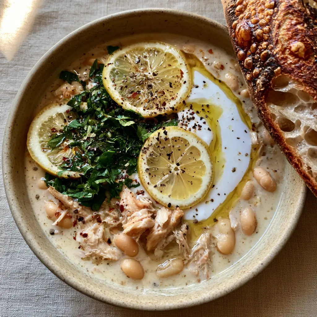 Mediterranean White Chicken Chili: A Creamy Dairy-Free Masterpiece 1 A top-down view of Mediterranean White Chicken Chili highlighting the olive oil drizzle and shredded chicken texture.