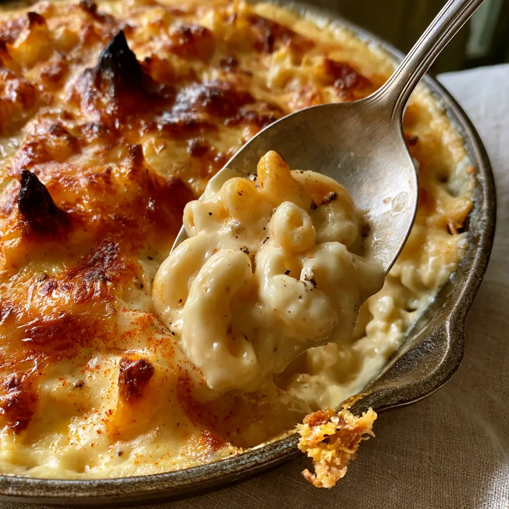 Detailed shot of the heavy cheese pull from a Southern Mac and Cheese skillet revealing the velvety custard-style interior.