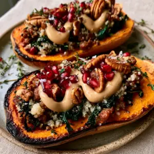 Detailed view of caramelization on a roasted stuffed butternut squash with pomegranate seeds and pecans. (stuffed butternut squash)