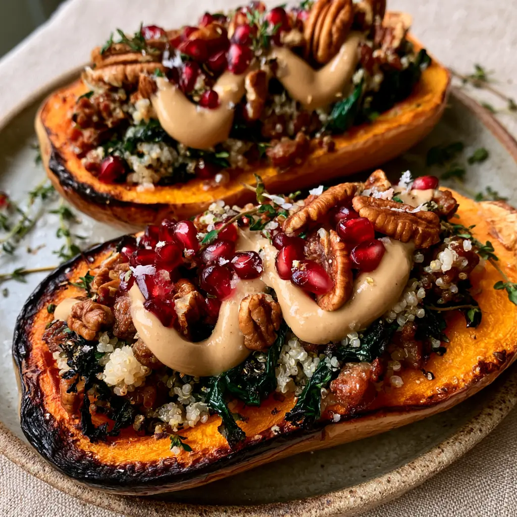 Stuffed Butternut Squash with Quinoa, Sausage, and Tahini Drizzle 2 Detailed view of caramelization on a roasted stuffed butternut squash with pomegranate seeds and pecans. (stuffed butternut squash)