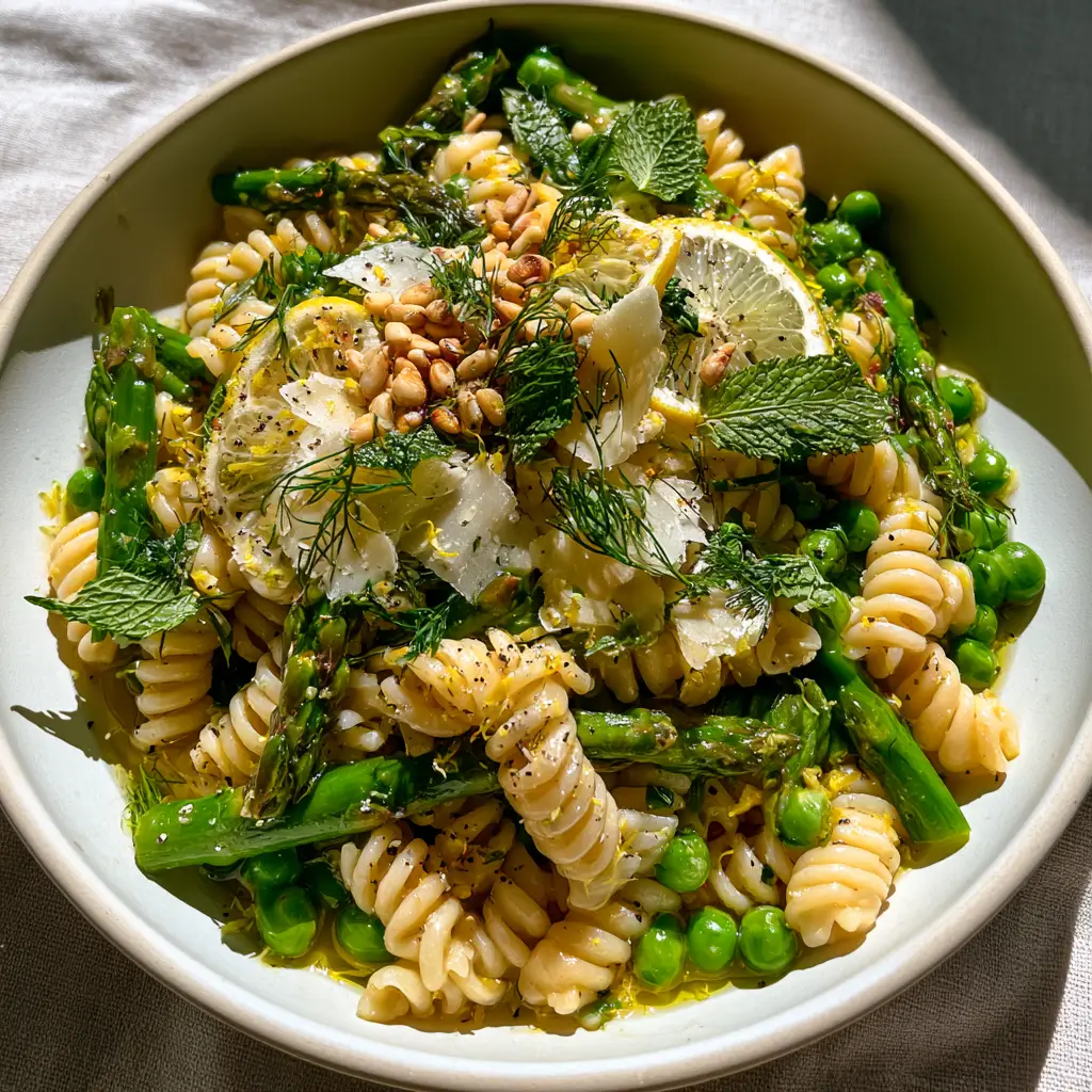 Spring Pasta Salad with Lemon Herb Vinaigrette and Asparagus 2 Close up of glossy rotini pasta coated in lemon herb vinaigrette with mint and dill fronds. (Spring Pasta Salad)