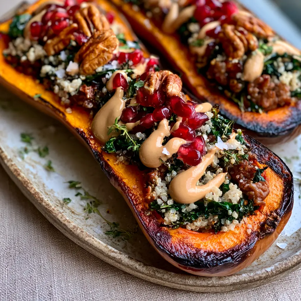 Stuffed Butternut Squash with Quinoa, Sausage, and Tahini Drizzle 1 Overhead shot of stuffed butternut squash halves showing the thick zigzag of creamy tahini sauce.