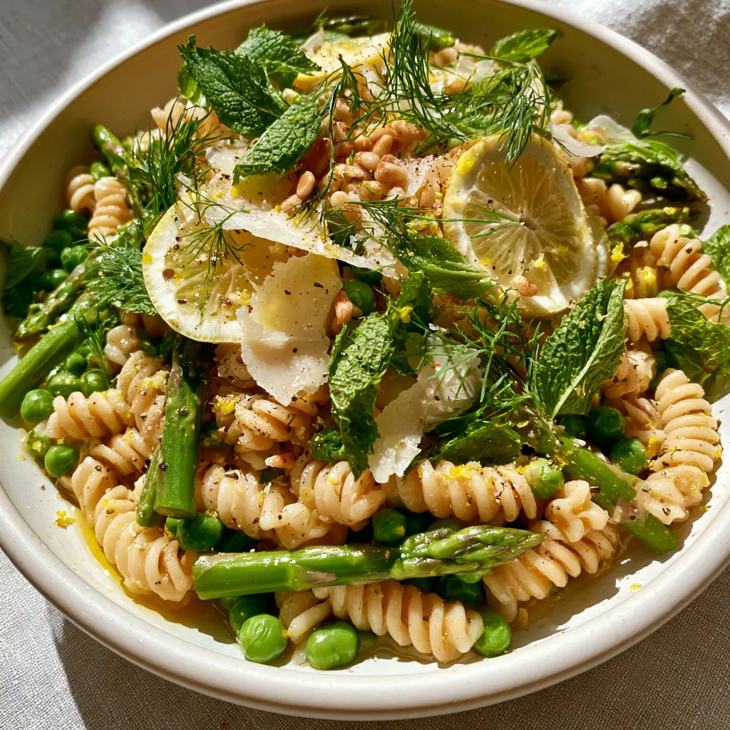 Spring Pasta Salad with Lemon Herb Vinaigrette and Asparagus 1 Spring Pasta Salad featuring blanched asparagus, sweet peas, and toasted pine nuts in a matte white bowl.
