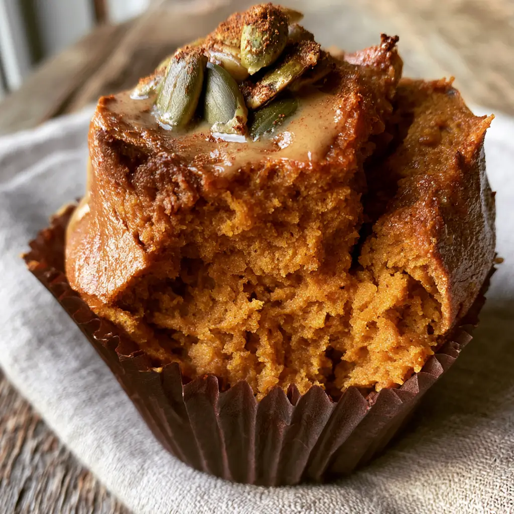 Paleo Pumpkin Protein Muffins: The Ultimate Moist Fall Breakfast 2 Extreme macro of a paleo pumpkin protein muffin broken open to show a moist orange interior crumb. (paleo pumpkin protein muffins)