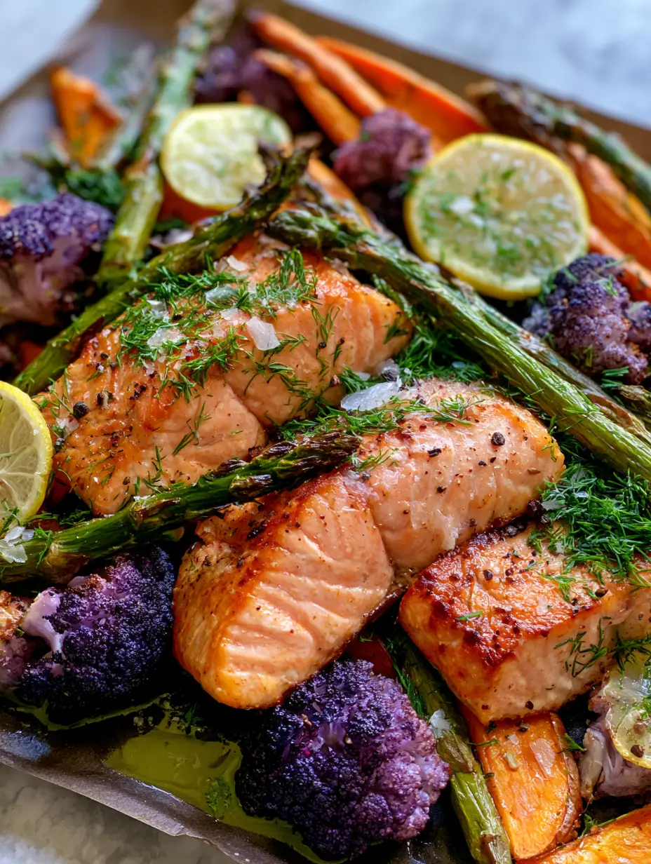 Quick Paleo Dinner Recipes: Sheet Pan Crispy Salmon with Roasted Purple Cauliflower 3 Close-up of crispy skin salmon fillets with charred asparagus and roasted purple cauliflower. (Quick paleo dinner recipes)