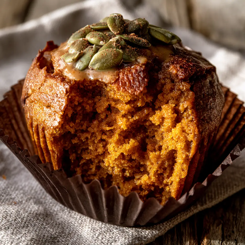 Paleo Pumpkin Protein Muffins: The Ultimate Moist Fall Breakfast 1 A golden-brown muffin top with toasted green pepitas and almond butter drizzle on a rustic wooden table. (paleo pumpkin protein muffins)