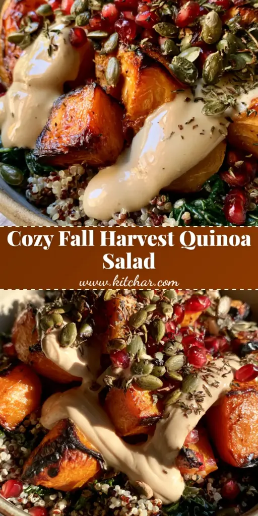 A tall vertical Pinterest pin showing a Roasted Butternut Squash Quinoa Salad with vibrant kale, red pomegranate arils, and a creamy tahini drizzle.