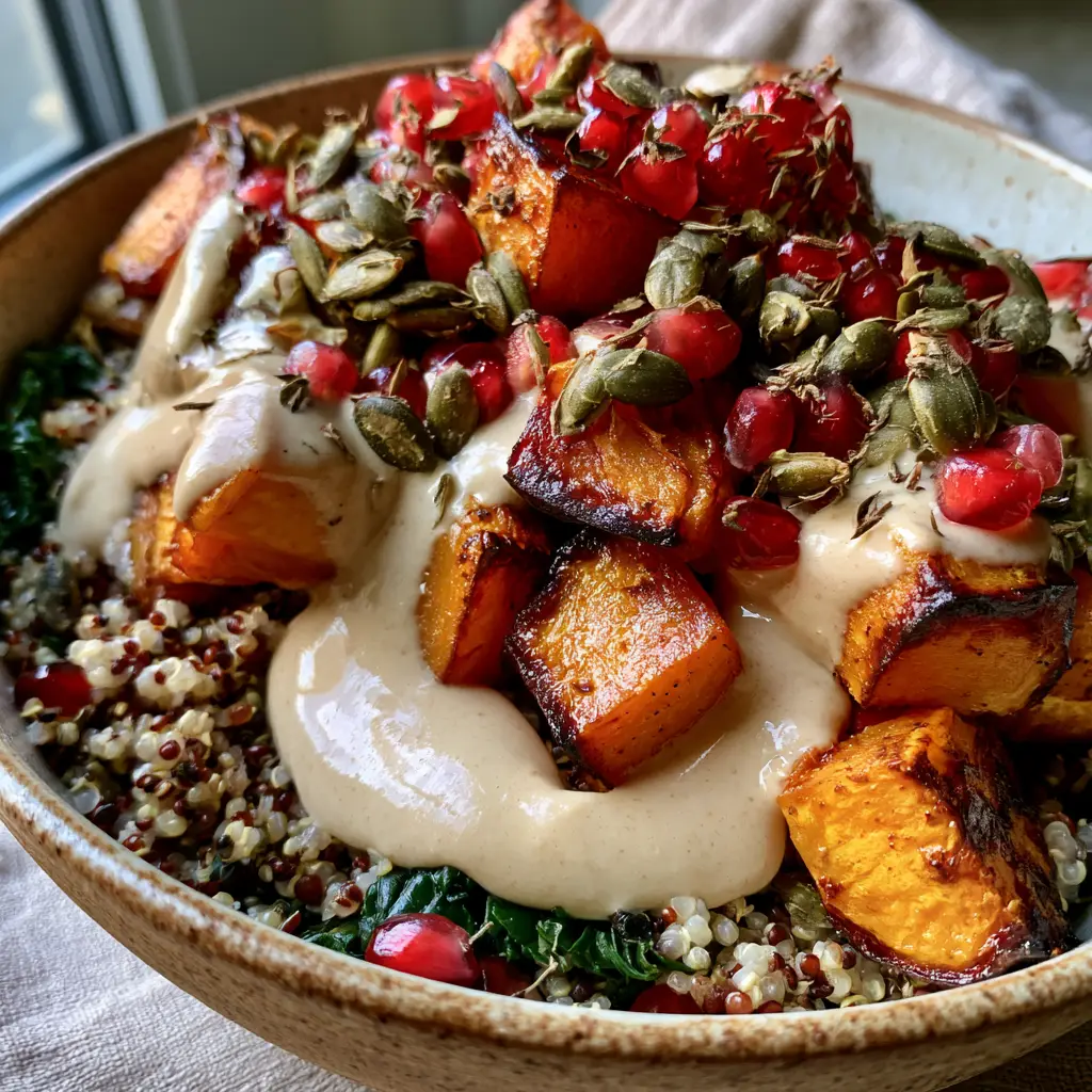 Handheld photo of a vibrant autumn harvest salad with tri-color quinoa, dark green kale, and ruby-red pomegranate arils.