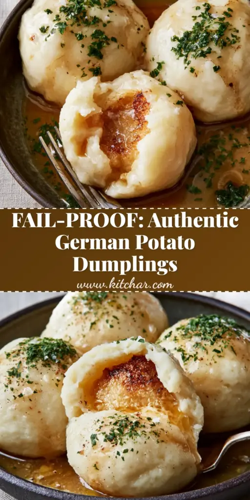 German Potato Dumplings: The Ultimate Authentic Recipe for Pillowy Kartoffelklöße 3 A handheld smartphone photo of three large German Potato Dumplings in a dark bowl, one torn open to reveal a buttery crouton.