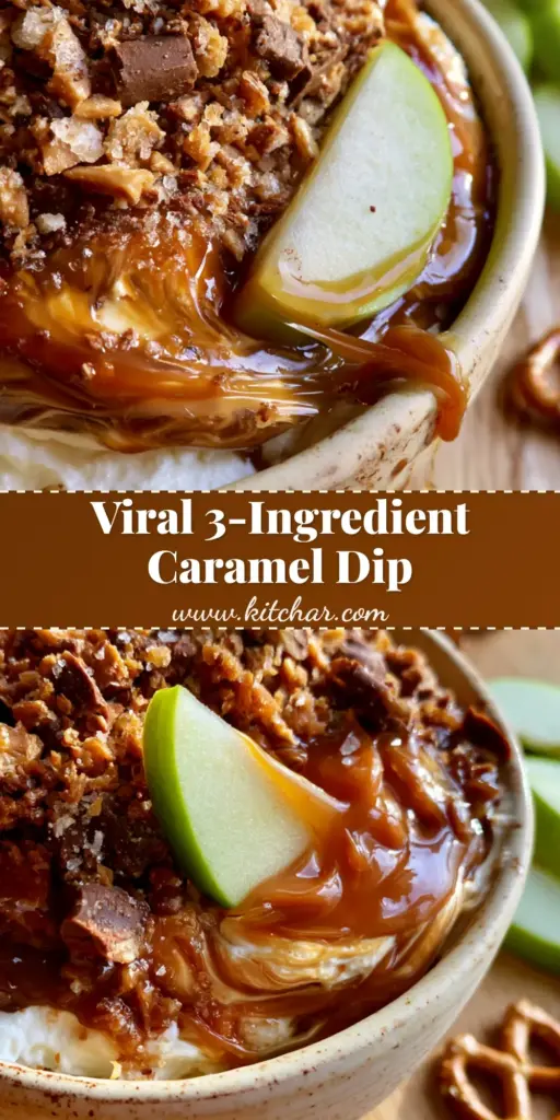 Caramel Apple Dip with Toffee and Chocolate Shards 4 A close-up shot of Caramel Apple Dip with a green apple slice creating a thick caramel pull from a bowl topped with toffee shards.