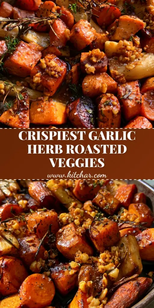 Root Vegetable Bake with Maple Balsamic Glaze and Fried Rosemary 3 A top-down photo of a root vegetable bake on a dark sheet pan featuring caramelized sweet potatoes, blistered carrots, and a shimmering maple balsamic glaze.