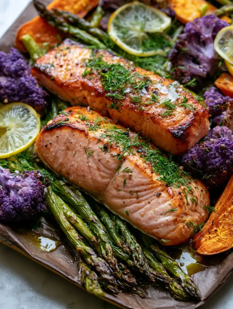 Quick Paleo Dinner Recipes: Sheet Pan Crispy Salmon with Roasted Purple Cauliflower 1 Caramelized sweet potato wedges and purple cauliflower florets on a dark parchment background. (Quick paleo dinner recipes)