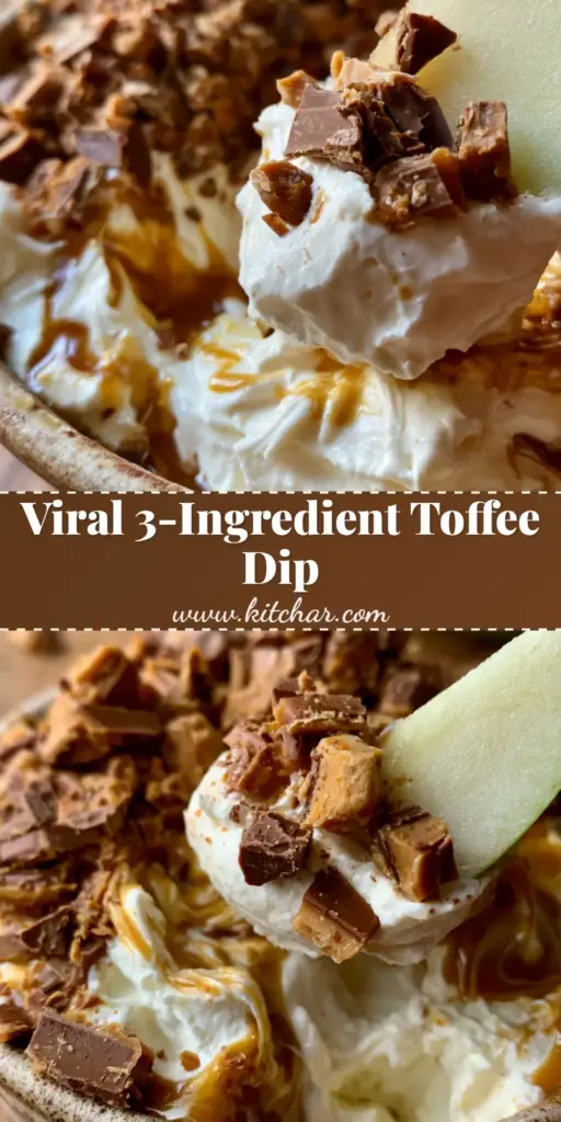 Apple toffee dip with Salted Caramel and Milk Chocolate 4 A close-up vertical shot of Apple toffee dip in a rustic bowl, topped with caramel swirls and toffee bits, being scooped by a green apple wedge.