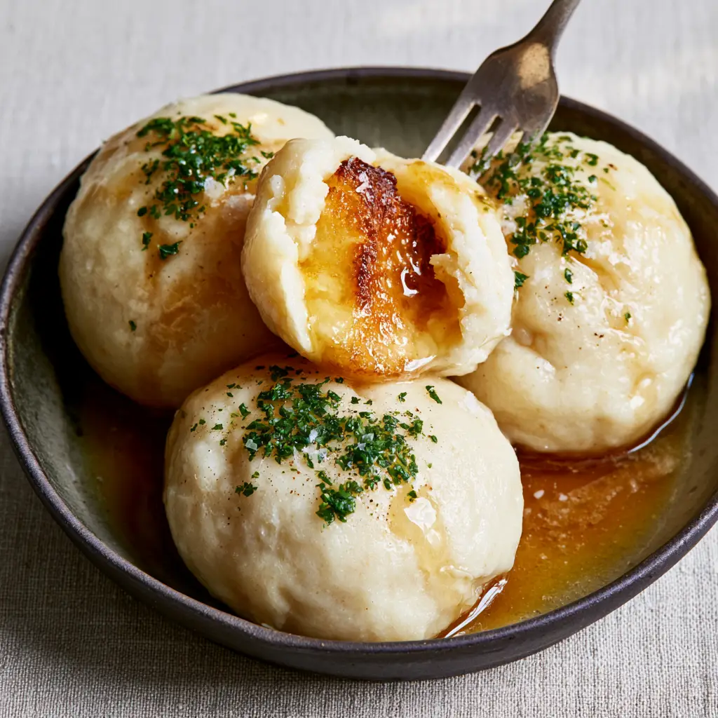 German Potato Dumplings: The Ultimate Authentic Recipe for Pillowy Kartoffelklöße 2 Close-up of three German Potato Dumplings drizzled with brown butter and fresh parsley in a dark stoneware bowl.