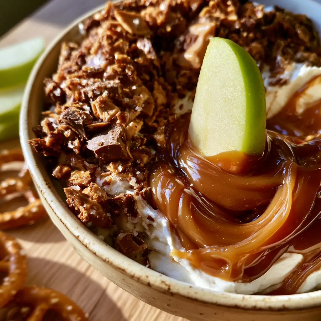 Caramel Apple Dip with Toffee and Chocolate Shards 2 A macro photo of thick glossy amber caramel swirling over a whipped cream cheese base for Caramel Apple Dip.