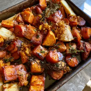 Close up of roasted root vegetable bake showing deep golden-brown caramelization and crispy fried rosemary needles.