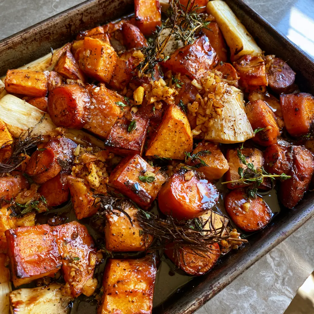 Root Vegetable Bake with Maple Balsamic Glaze and Fried Rosemary 2 Close up of roasted root vegetable bake showing deep golden-brown caramelization and crispy fried rosemary needles.