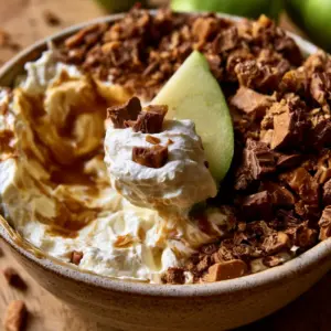 Close-up of whipped cream cheese with deep caramel swirls and chocolate toffee shards. (Apple toffee dip)