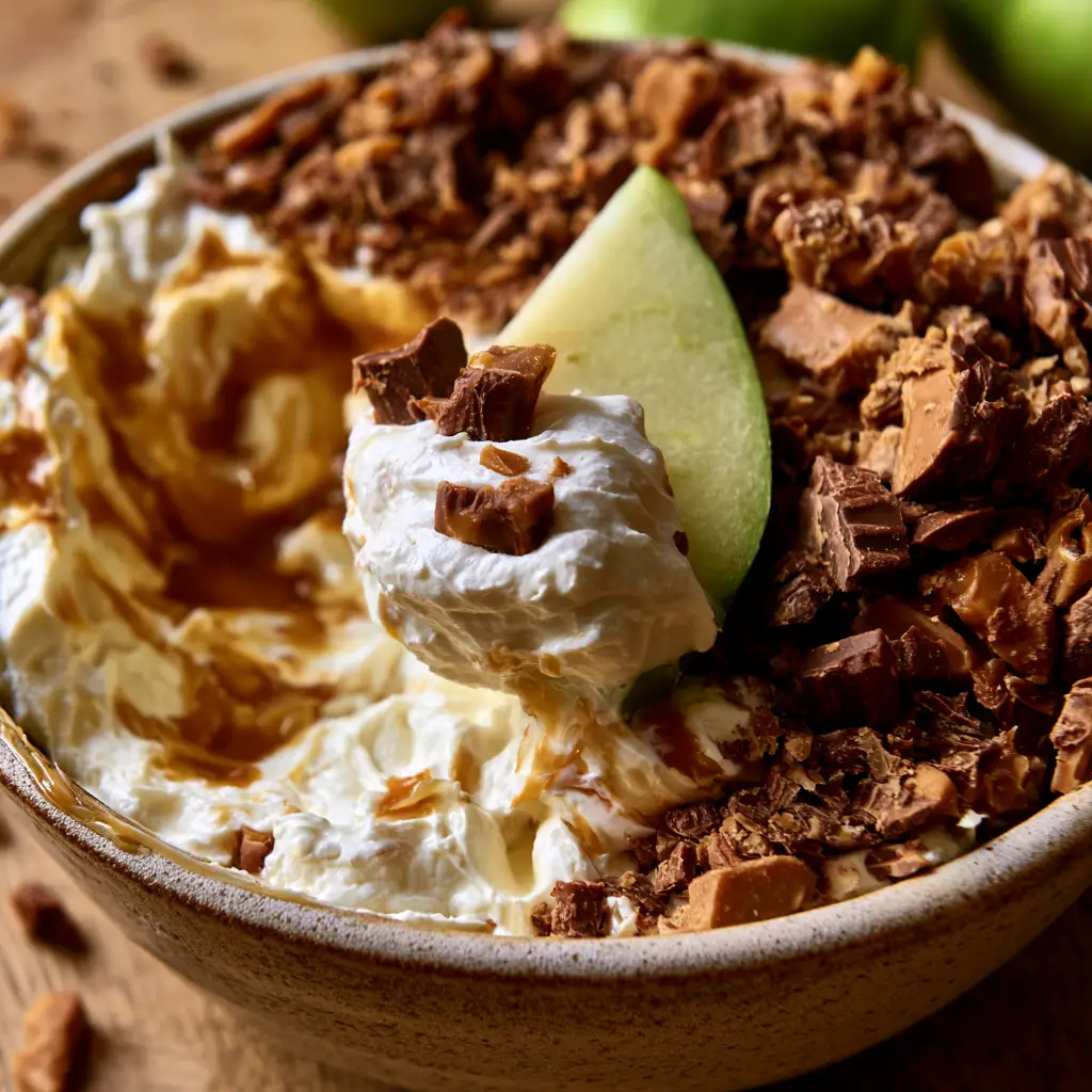 Apple toffee dip with Salted Caramel and Milk Chocolate 2 Close-up of whipped cream cheese with deep caramel swirls and chocolate toffee shards. (Apple toffee dip)