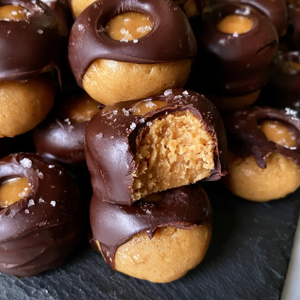 Healthy Buckeyes Recipe: Fudgy No-Bake Peanut Butter Treats 2 Macro close-up of a stack of healthy buckeyes with a clean bite taken out of one. (Healthy Buckeyes Recipe)