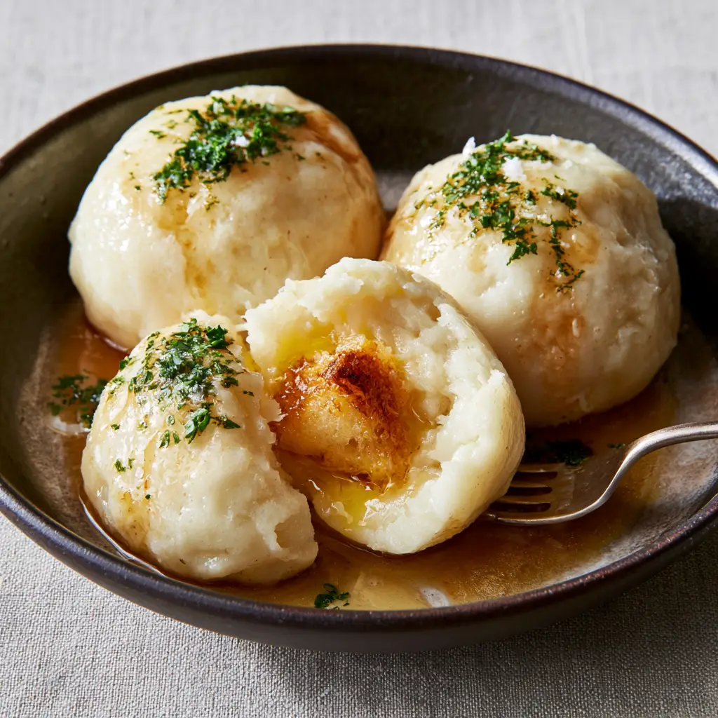 German Potato Dumplings: The Ultimate Authentic Recipe for Pillowy Kartoffelklöße 1 A fork tearing open a German Potato Dumpling to show the golden toasted crouton hidden inside.