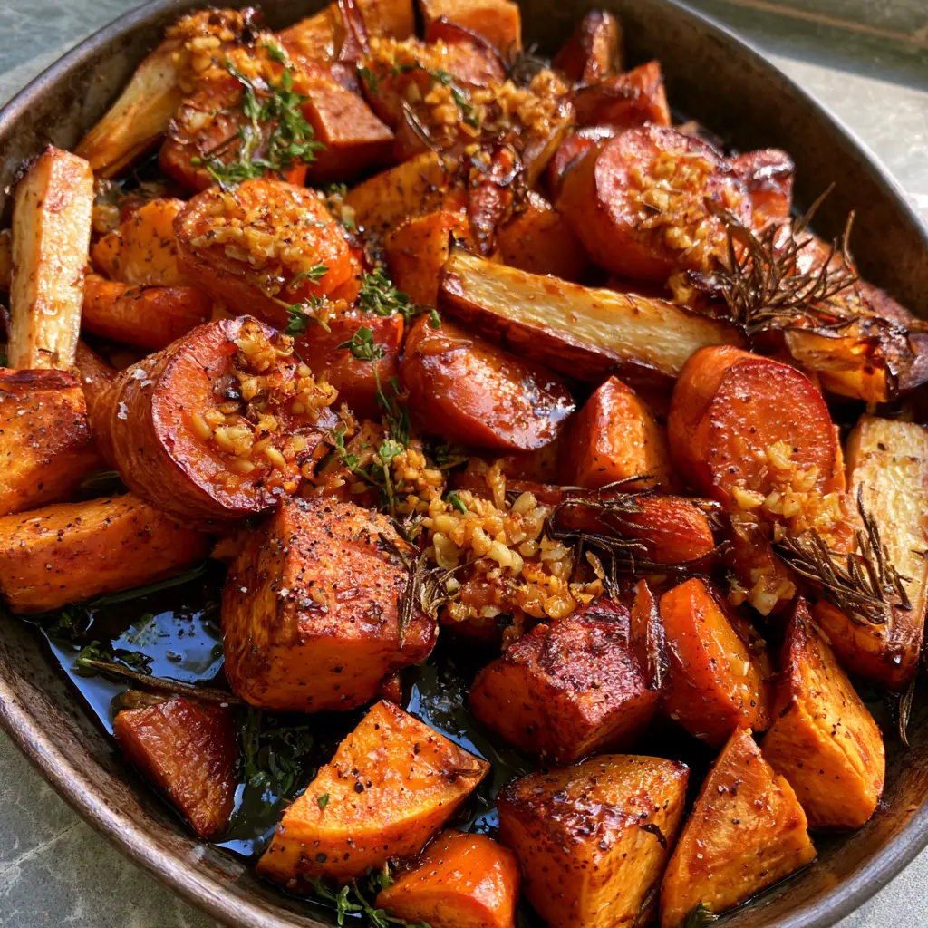 Root Vegetable Bake with Maple Balsamic Glaze and Fried Rosemary 1 A shimmering maple balsamic glaze pooling in the crevices of roasted parsnips and sweet potatoes in a root vegetable bake.