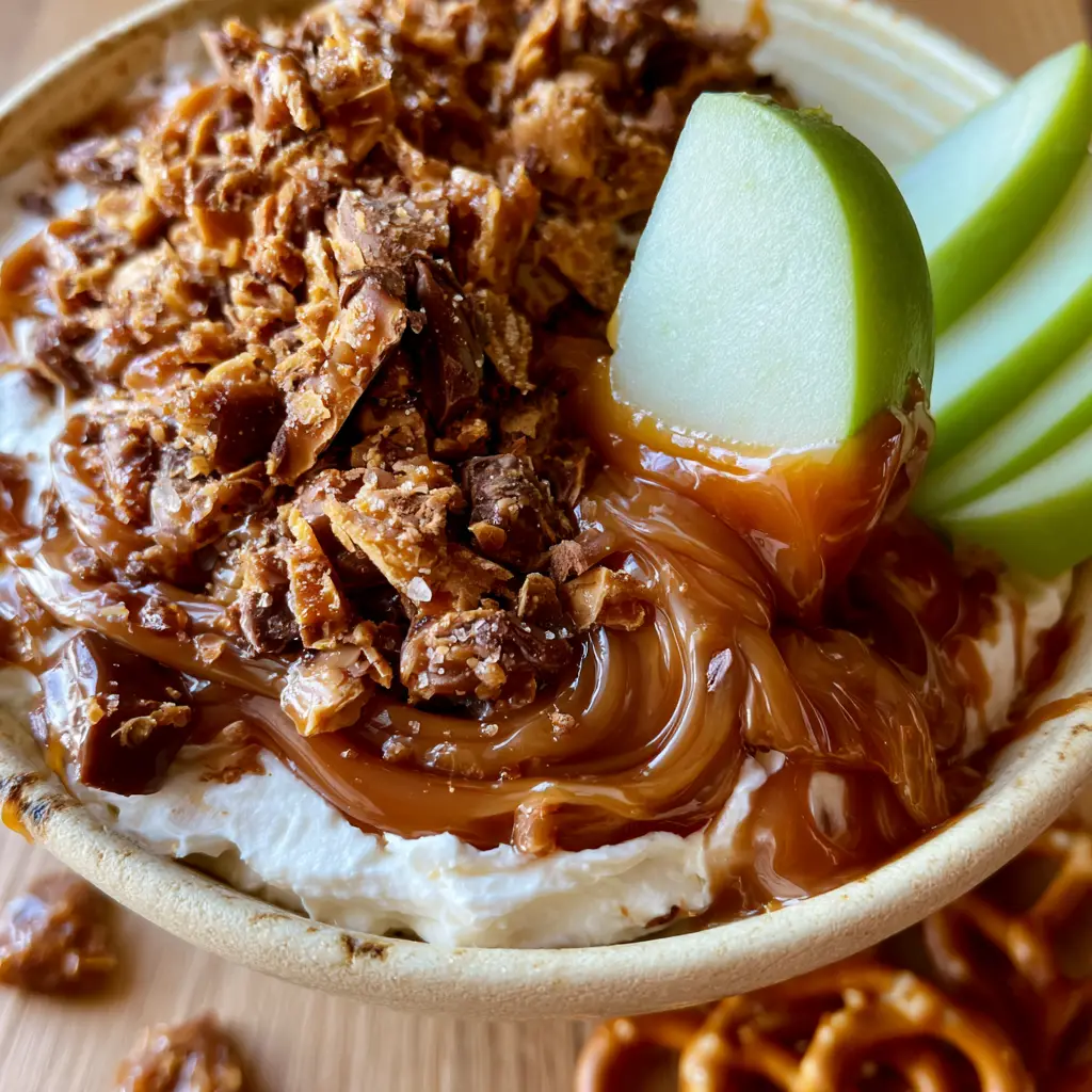Caramel Apple Dip with Toffee and Chocolate Shards 1 A spread of sliced Granny Smith apples and salted pretzels next to a bowl of Caramel Apple Dip encrusted with toffee.