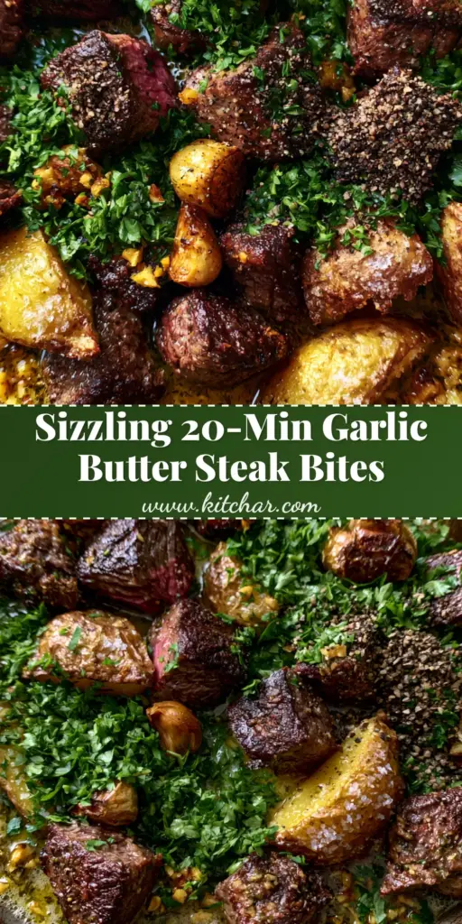 Steak bites and potatoes with Garlic Herb Butter (Cast Iron Recipe) 4 A top-down macro shot of a seasoned cast iron skillet filled with sizzling garlic butter steak bites and potatoes, garnished with parsley and cracked pepper.