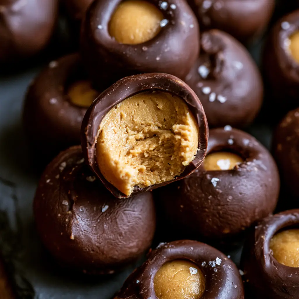 Healthy Buckeyes Recipe: Fudgy No-Bake Peanut Butter Treats 1 Healthy buckeyes arranged on a matte black slate board with natural lighting.