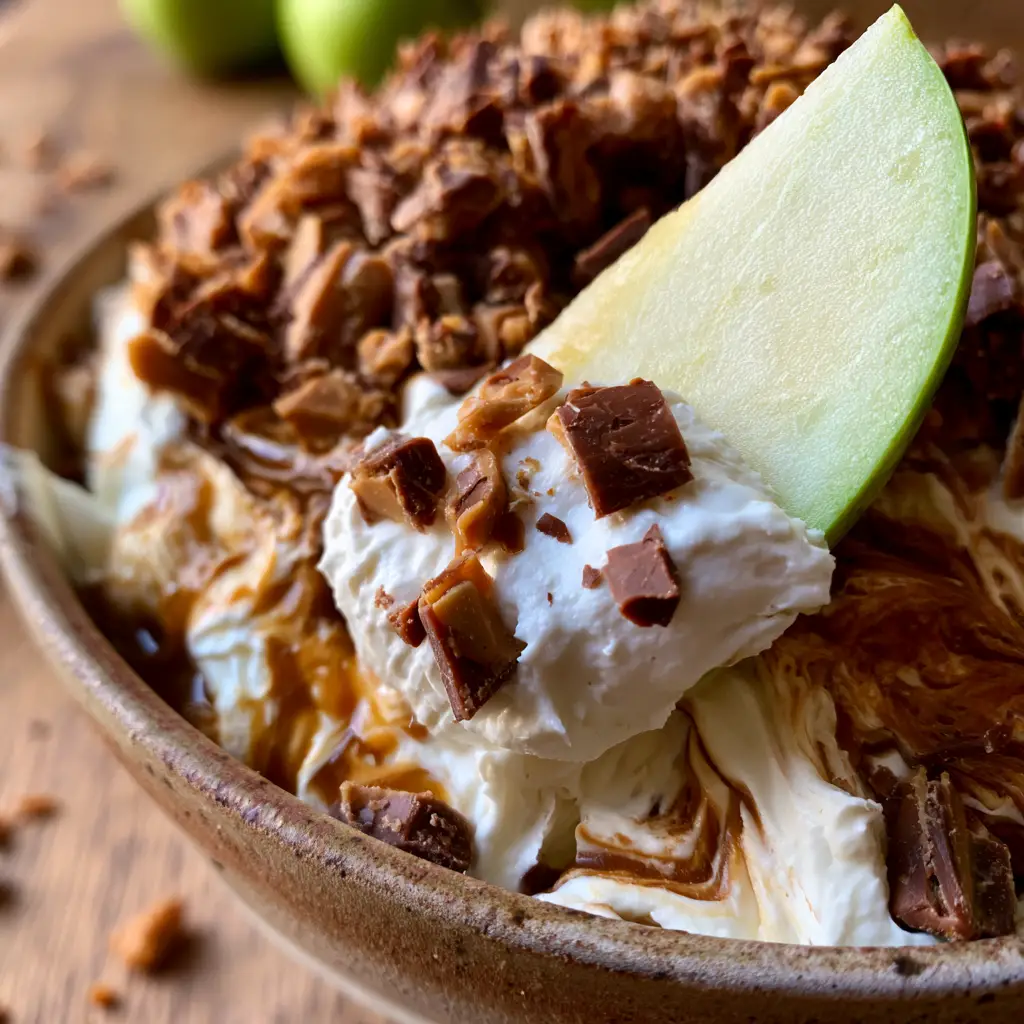 Apple toffee dip with Salted Caramel and Milk Chocolate 1 A smartphone photo showing a hand scooping the thick Apple toffee dip with a crisp Granny Smith apple wedge.